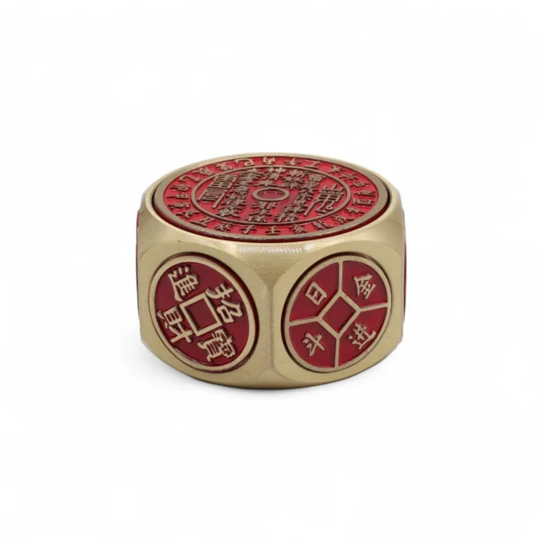 Chinese Coin Cylinder Charm - Gold Bronze Metal With Red Detailing Gold bronze Chinese coin cylinder charm with red embossed characters and symbolic decorative engravings.