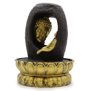 Golden Buddha head fountain with black lotus base for serene home and meditation décor.