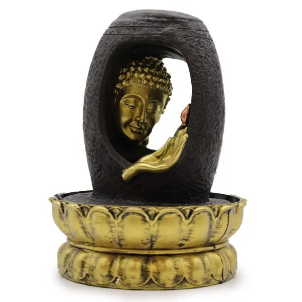 Golden Buddha Head Fountain Resin Sculpture - Black Lotus Base Golden Buddha head fountain with black lotus base for serene home and meditation décor.