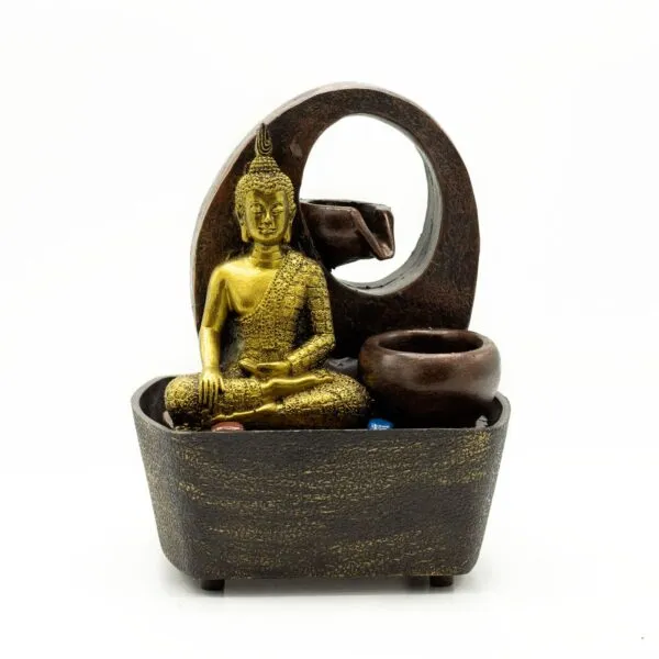 Golden Buddha Resin Fountain Brown Arch - Tranquil Waterflow Golden Buddha tabletop fountain with brown arch, flowing water feature, and colourful decorative stones.