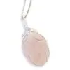 Handcrafted silver wire-wrapped rose quartz pendant necklace with polished pink gemstone on white background.