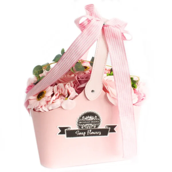 Pink Soap Flower Basket Gift Set - Pastel Gingham Bow Pastel pink soap flower basket with gingham bow, elegant scented gift for bathroom décor.