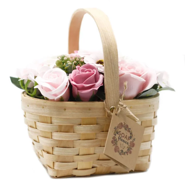 Pink Soap Flower Basket Wooden Handle - Handmade Gift Arrangement Handmade pink and white soap flower basket with wooden handle and rustic kraft tag.