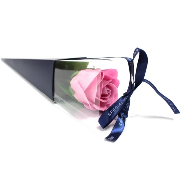 Elegant pink soap rose in blue triangular box with satin “Special for You” ribbon.