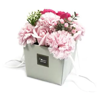 Pink Carnation And Rose Flower Box - Elegant Modern Design A pink rose and carnation flower bouquet arranged in a light grey square gift box.
