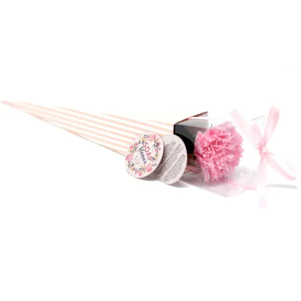 Single pink carnation soap flower stem in a pink striped gift cone.