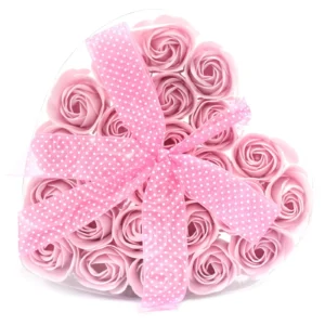 Pink Soap Rose Heart Gift Box - Sheer Polka Dot Ribbon Heart-shaped clear box with pink soap roses and a sheer pink polka-dot ribbon.