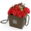 Red Rose And Carnation Floral Box - Handmade Dark Brown Gift A handmade red rose and carnation flower arrangement in a dark brown square gift box.