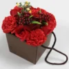 Red Rose And Carnation Bouquet Box - Elegant Romantic Gift A red rose and carnation bouquet arranged in a brown square gift box with handle.