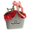 Grey container with red soap flowers and a red-and-white gingham bow gift arrangement.