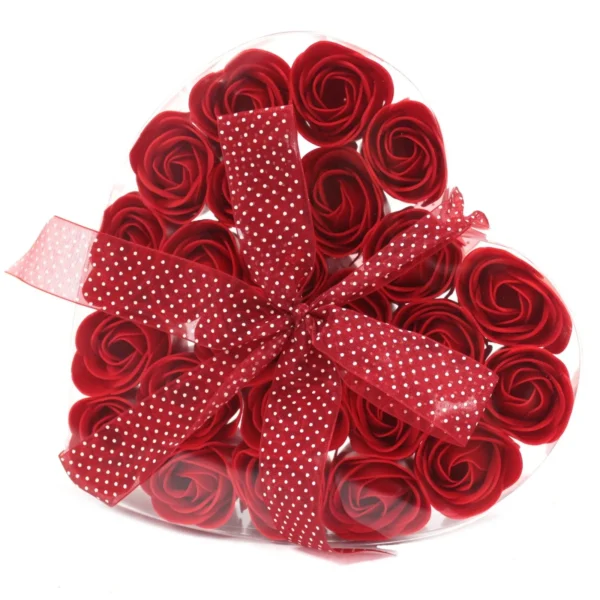 Heart-shaped clear box with red soap roses and sheer red polka dot ribbon bow.