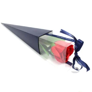 Red Soap Rose Gift Box Navy Cone - Satin Ribbon Special Elegant red soap rose in a navy cone gift box with satin “Special For You” ribbon.