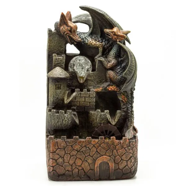 Dragon Castle Sculpture Resin Statue Grey Green - Crystal Orb Guard Detailed resin dragon statue guarding medieval castle with crystal orb, fantasy décor sculpture.