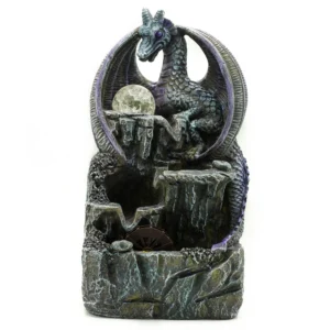 Tabletop Water Feature Fantasy purple dragon resin fountain with glowing LED orb and cascading stone water feature.