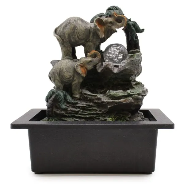 Elephant Tabletop Fountain Resin Sculpture Grey - Crystal Ball Grey resin elephant tabletop fountain with crystal ball and cascading water feature.