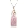 Silver necklace with glass bottle pendant filled with pink rose quartz crystals.