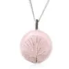 Silver Tree of Life rose quartz pendant necklace with polished pink gemstone on silver chain.