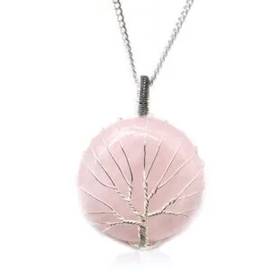 Silver Tree of Life rose quartz pendant necklace with polished pink gemstone on silver chain.
