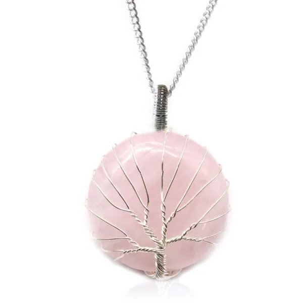 Silver Tree of Life rose quartz pendant necklace with polished pink gemstone on silver chain.