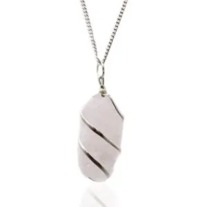 Elegant rose quartz pendant wrapped in silver wire on a delicate polished silver chain.