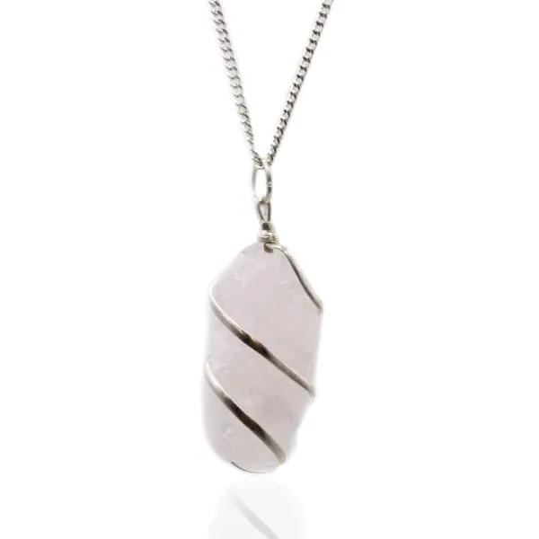Elegant rose quartz pendant wrapped in silver wire on a delicate polished silver chain.