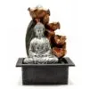 Silver Buddha Fountain Sculpture Bronze Lotus Cascade Flow Silver Buddha fountain with cascading bronze lotus bowls on a black base for serene home décor.