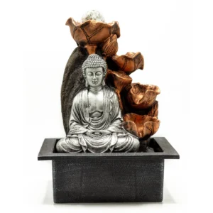 Silver Buddha fountain with cascading bronze lotus bowls on a black base for serene home décor.