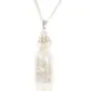 Elegant silver glass vial necklace with translucent white crystal stones and decorative silver cap.