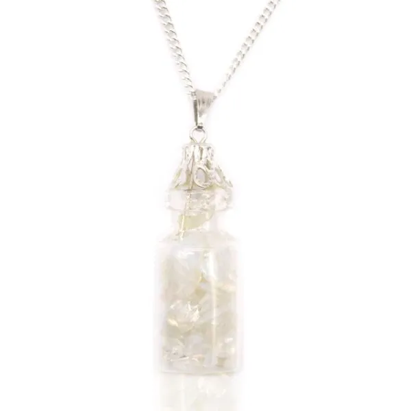 Elegant silver glass vial necklace with translucent white crystal stones and decorative silver cap.