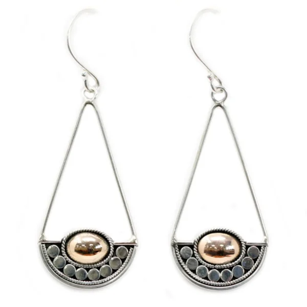Silver teardrop earrings with gold oval centre and intricate mixed metal boho detailing.