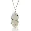Silver wire-wrapped opalescent gemstone pendant necklace with raw crystal on white background.