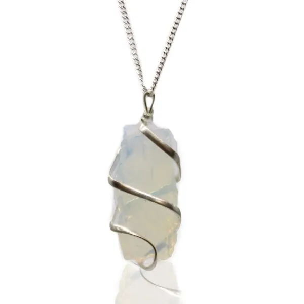 Silver wire-wrapped opalescent gemstone pendant necklace with raw crystal on white background.