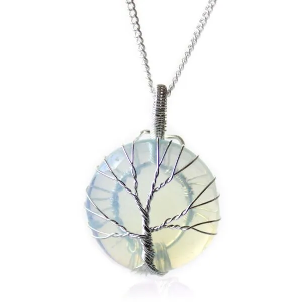 Opalite Tree of Life Necklace Silver Wire Wrapped Pendant Expressive Accessories Silver wire-wrapped Tree of Life necklace with luminous oval opalite pendant on a delicate chain.