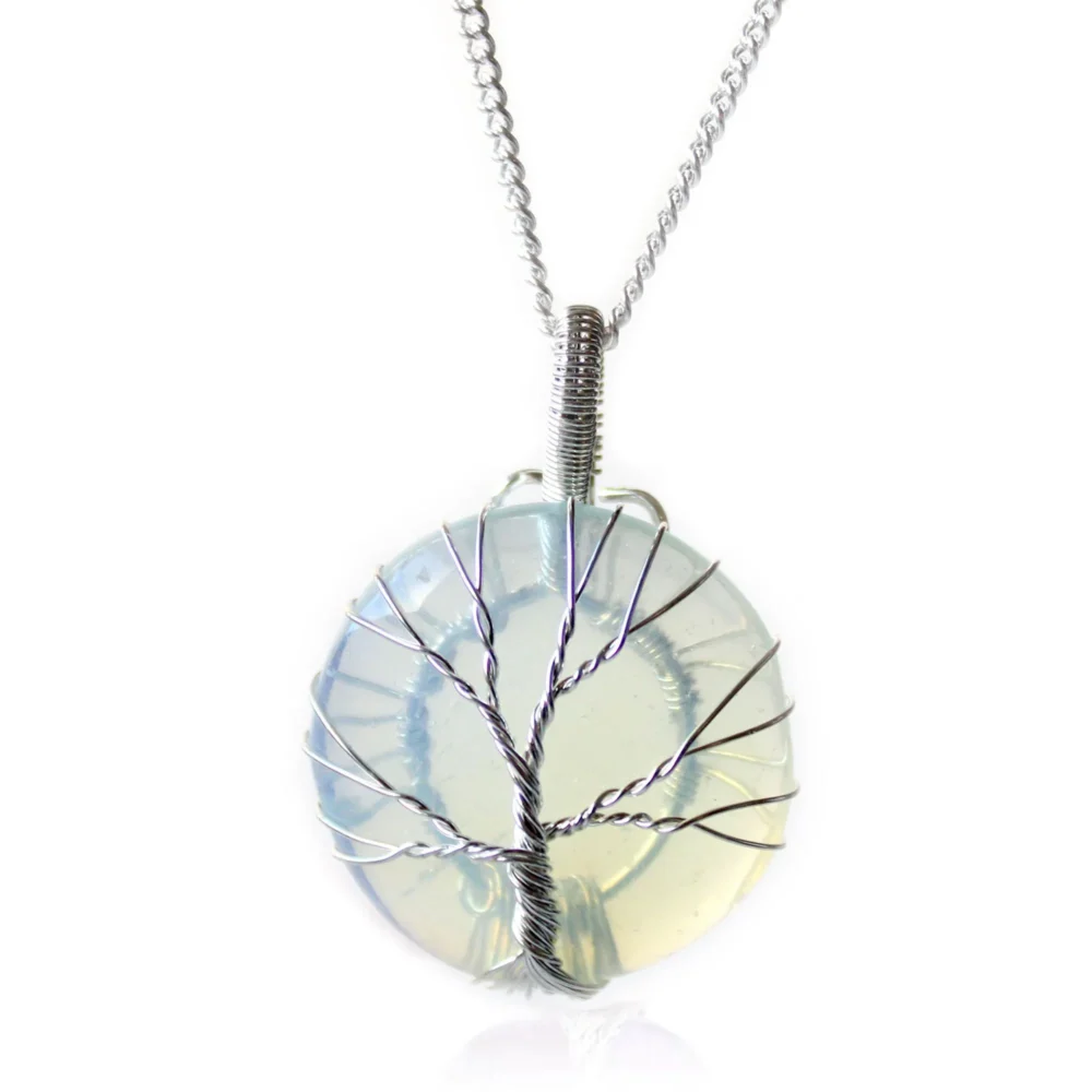 Expressive Accessories Silver wire-wrapped Tree of Life necklace with luminous oval opalite pendant on a delicate chain.