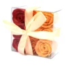 Red and orange soap rose gift box with cream satin ribbon, perfect for romantic gifting.