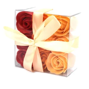 Red And Orange Soap Rose Gift Box - Cream Ribbon Finish Red and orange soap rose gift box with cream satin ribbon, perfect for romantic gifting.