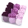 Purple to pink soap rose gift box with nine realistic faux roses in clear acrylic display.