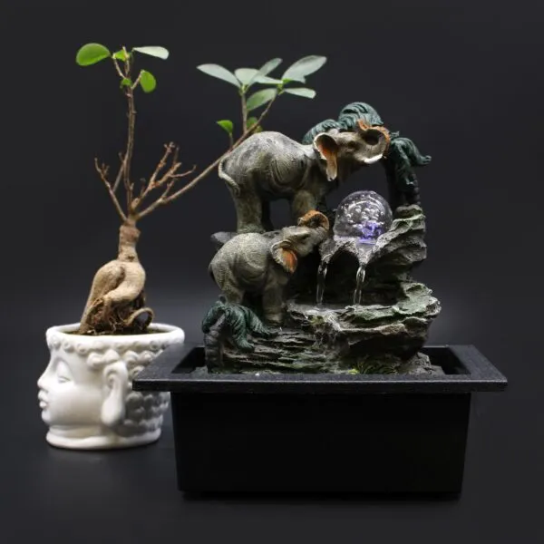Buddha Face Planter And Elephant Fountain - White Grey LED White Buddha face planter and grey elephant water fountain with glowing LED glass sphere.