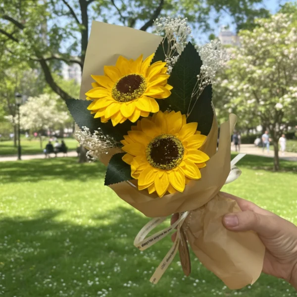 Bright yellow sunflower bouquet with baby’s breath in beige wrap, perfect for cheerful gifting.