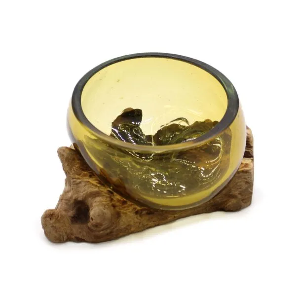 Amber Glass Bowl Driftwood Base - Handcrafted Natural Décor Amber glass bowl fused to rustic driftwood base, handcrafted natural home décor piece.