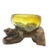 Amber Glass Bowl Wood Base Centrepiece - Handcrafted Design Amber glass bowl fused to natural driftwood base, handcrafted decorative centrepiece combining glass and wood.
