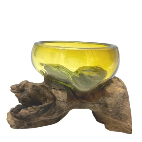 Amber Glass Bowl Wood Base Centrepiece - Handcrafted Design Amber glass bowl fused to natural driftwood base, handcrafted decorative centrepiece combining glass and wood.