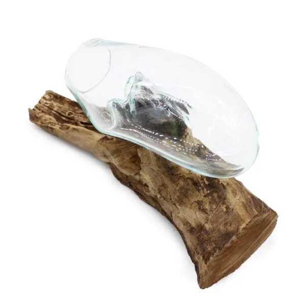 Hand-Blown Glass Bowl Driftwood Base Clear Green Tint - Organic Design Molten Glass on Wood - Hanging Bowl