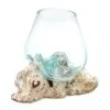Hand-Blown Glass Bowl Driftwood Base Aqua Tint - Organic Design Molten Glass on Whitewash Wood - Large Bowl