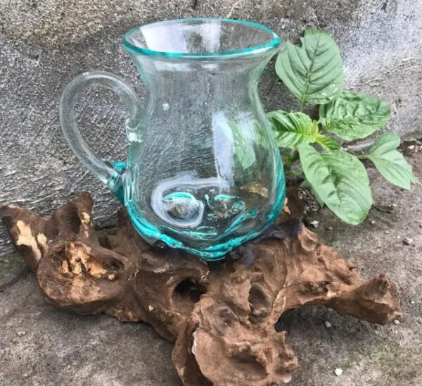 A hand-blown aqua glass pitcher resting on sculpted driftwood beside a small green plant.