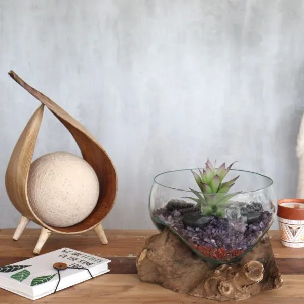 Wooden Tripod Lamp And Glass Terrarium Decor - Natural Tones Molten Glass on Wood - Open Lrg Bowl