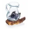 Hand-blown glass pitcher fused to natural wooden base with organic, rustic, artistic design.