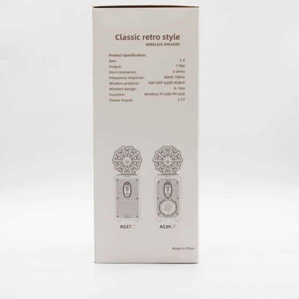 bG9jYWw6Ly9tZWRpYS85TS9KQy82MFIzMEMxSjY0V0tKQzlNLzQ0ZWFhMWMxLmpwZw.webp Beige product box showing specifications for a classic retro style wireless Bluetooth speaker model AS39.