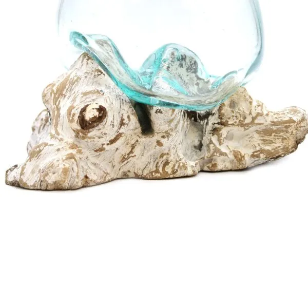 Turquoise Glass Bowl Driftwood Sculpture - Coastal Handcrafted Decor A turquoise glass bowl fused with natural driftwood forming a handcrafted coastal decorative sculpture.
