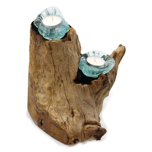 Rustic driftwood candle holder with two aqua glass tealight cups on natural textured wood.